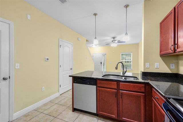 2960 SW 35th Pl Unit 66, Gainesville, FL 32608 - kitchen featuring stainless steel dishwasher, dark brown cabinets, a peninsula, light tile patterned flooring, and hanging light fixtures