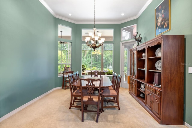 5025 NW 51st Pl, Gainesville, FL 32606 - dining area featuring light carpet, a chandelier, ornamental molding, and recessed lighting