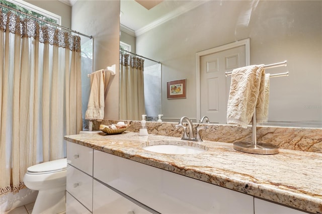 5025 NW 51st Pl, Gainesville, FL 32606 - bathroom featuring crown molding, vanity, a shower with shower curtain, and tile patterned floors