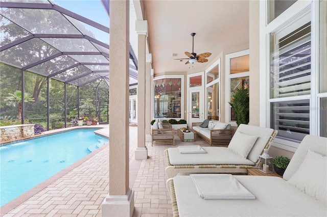 5025 NW 51st Pl, Gainesville, FL 32606 - outdoor pool featuring a patio, outdoor lounge area, a ceiling fan, and a lanai