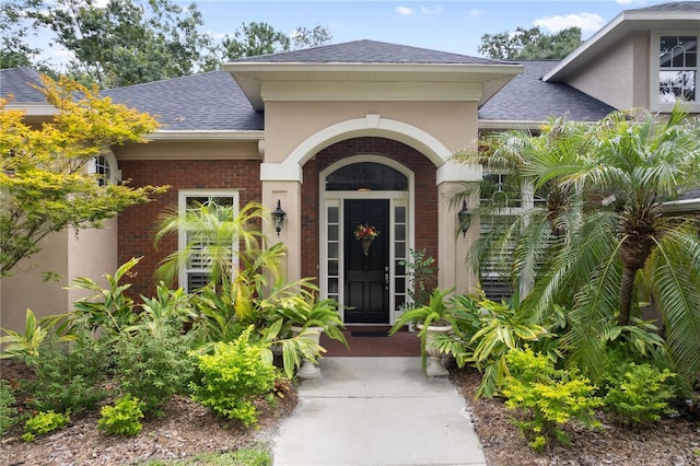 5025 NW 51st Pl, Gainesville, FL 32606 - entrance to property with brick siding, a shingled roof, and stucco siding