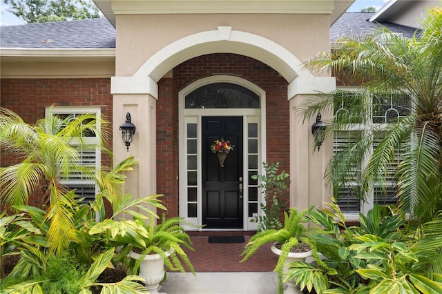 5025 NW 51st Pl, Gainesville, FL 32606 - view of exterior entry with brick siding, a shingled roof, and stucco siding