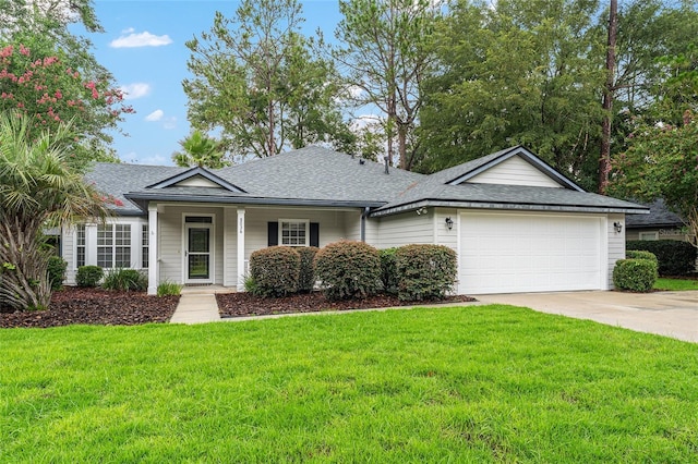 8036 SW 72nd Pl, Gainesville, FL 32608 - ranch-style house with roof with shingles, an attached garage, concrete driveway, and a front lawn