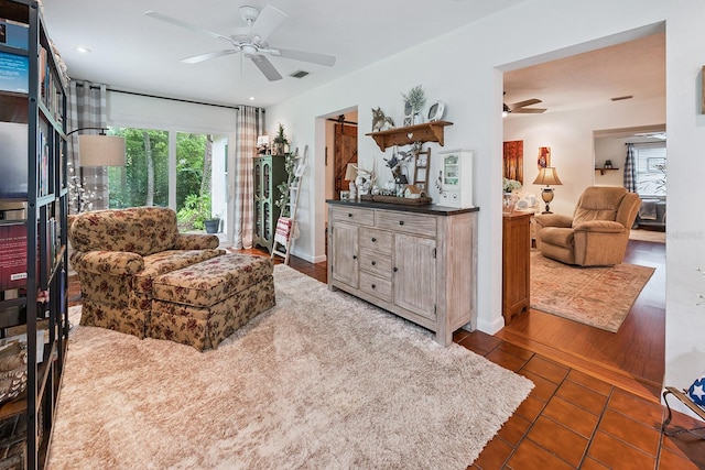 8488 NW 39th Ter, Gainesville, FL 32653 - tiled living area featuring a ceiling fan and recessed lighting