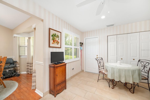 4705 SW 80th Ter, Gainesville, FL 32608 - dining room featuring wallpapered walls and ceiling fan