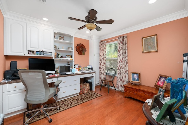 4705 SW 80th Ter, Gainesville, FL 32608 - office featuring ceiling fan, light wood-type flooring, built in study area, ornamental molding, and recessed lighting