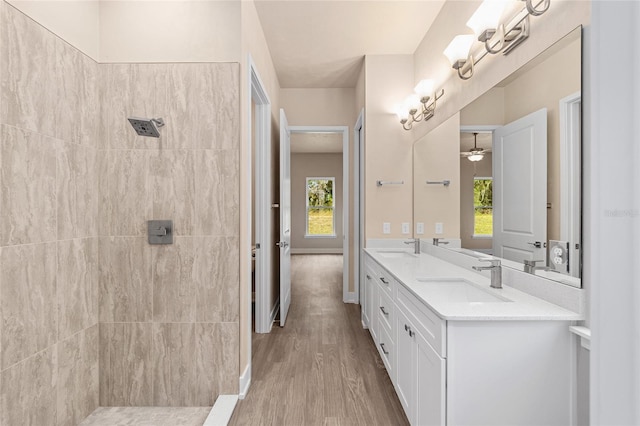 1080 NW 132nd Blvd, Newberry, FL 32669 - bathroom with a tile shower, double vanity, wood finished floors, and ceiling fan