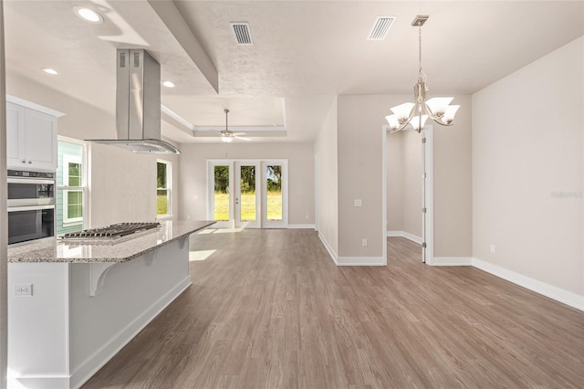1080 NW 132nd Blvd, Newberry, FL 32669 - kitchen featuring island exhaust hood, a tray ceiling, stainless steel appliances, open floor plan, and a kitchen bar