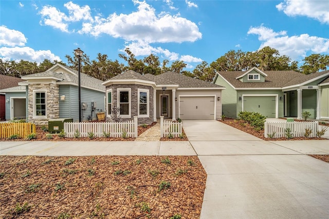 1080 NW 132nd Blvd, Newberry, FL 32669 - single story home with driveway, an attached garage, a fenced front yard, and stone siding