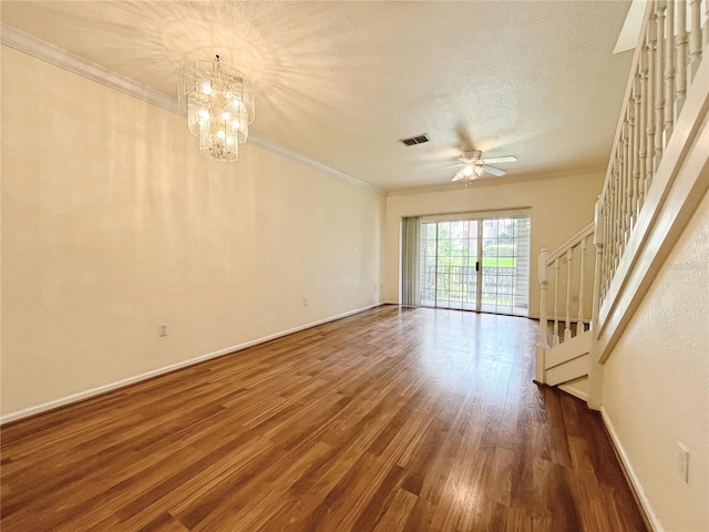 4877 NW 42nd Rd Unit 106, Gainesville, FL 32606 - unfurnished living room with stairway, wood finished floors, a ceiling fan, ornamental molding, and a chandelier