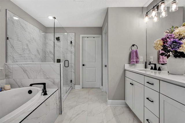 bathroom featuring a bath, baseboards, vanity, marble finish floor, and a stall shower