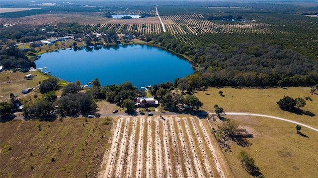 bird's eye view with a water view and a rural view