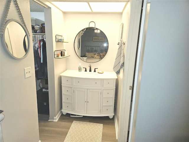 bathroom with hardwood / wood-style floors and vanity