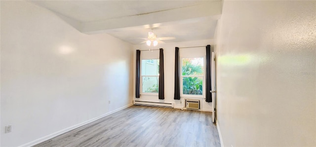 unfurnished room featuring light hardwood / wood-style flooring, ceiling fan, baseboard heating, a wall mounted AC, and beamed ceiling