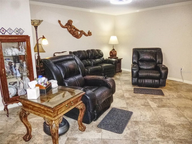 tiled living room featuring crown molding