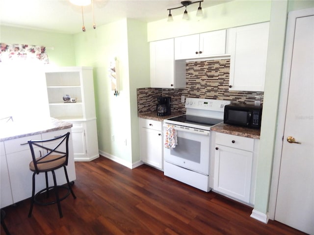 kitchen featuring white cabinetry, white electric stove, dark wood-type flooring, and tasteful backsplash