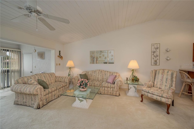 living room with vaulted ceiling, carpet, and wooden ceiling