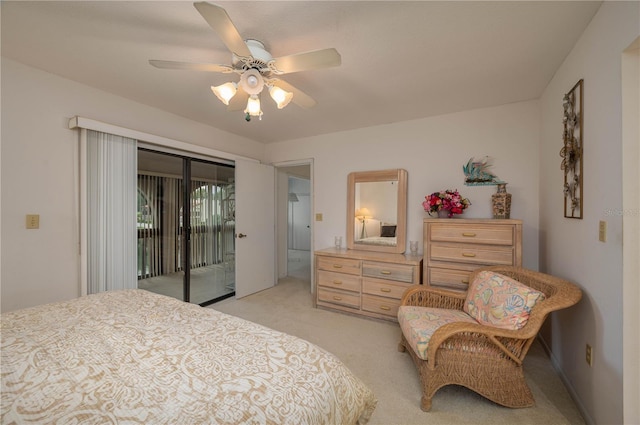 bedroom with access to exterior, light carpet, and a ceiling fan