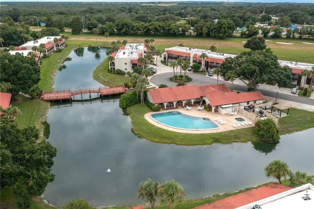 aerial view featuring a water view