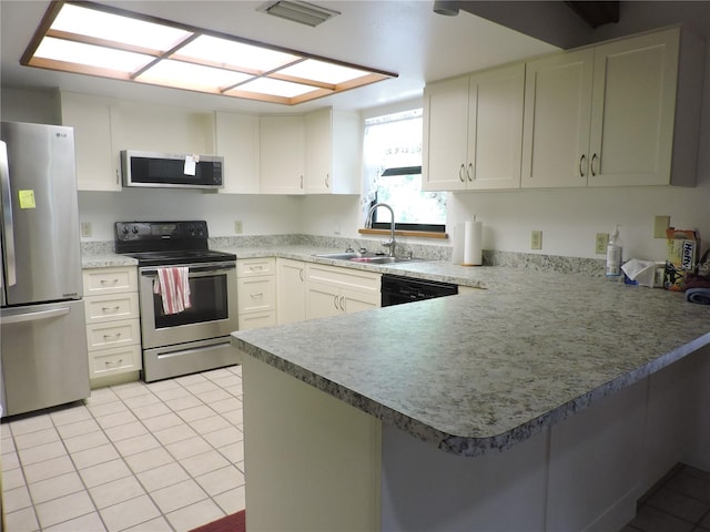 kitchen featuring appliances with stainless steel finishes, kitchen peninsula, white cabinetry, and sink