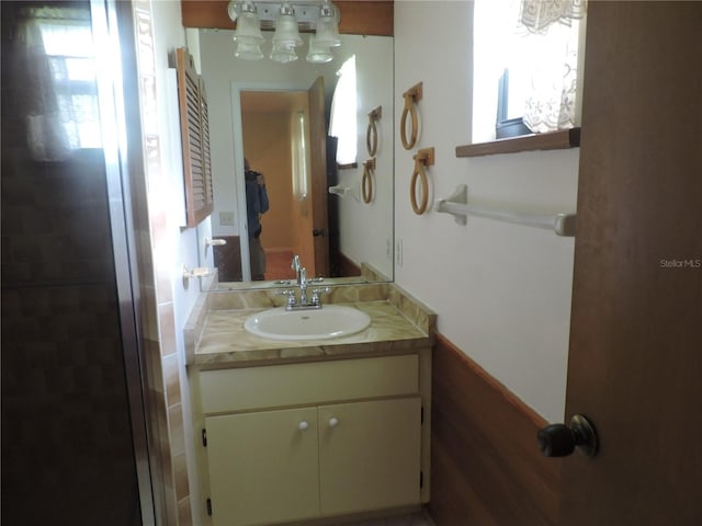 bathroom with walk in shower, vanity, and hardwood / wood-style floors