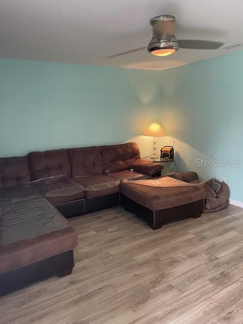 living room featuring ceiling fan and light wood-type flooring