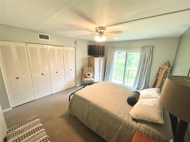 bedroom featuring ceiling fan, carpet floors, and a closet