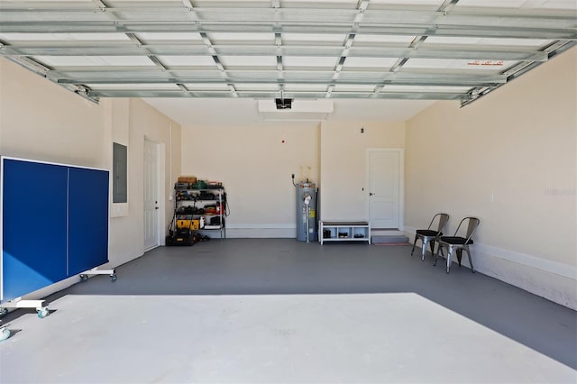 garage featuring electric panel and water heater