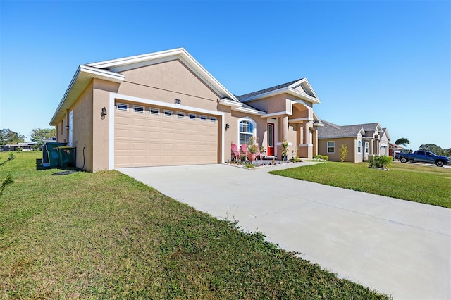 single story home with a front yard and a garage