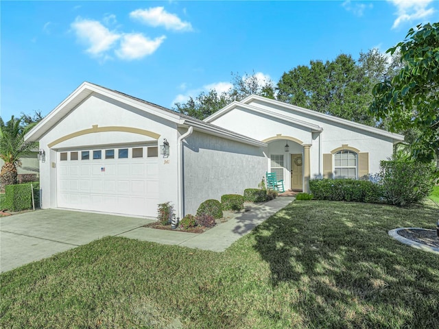 single story home featuring a garage and a front lawn