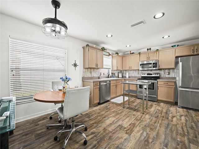 kitchen featuring appliances with stainless steel finishes, dark hardwood / wood-style flooring, a wealth of natural light, and pendant lighting