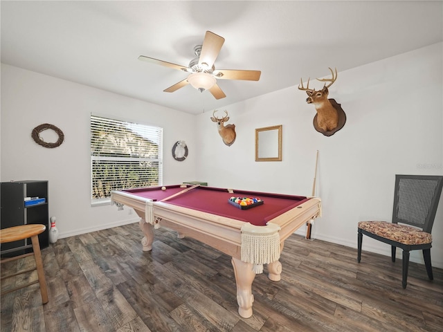 recreation room with ceiling fan, dark wood-type flooring, and billiards