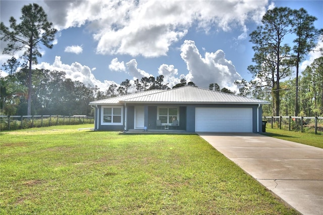 single story home with a front yard and a garage