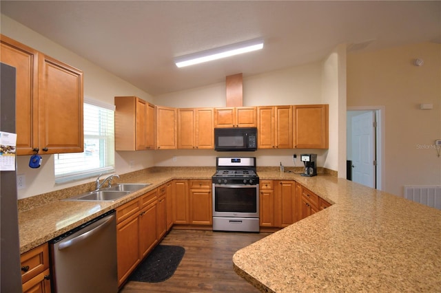 kitchen featuring lofted ceiling, sink, dark hardwood / wood-style flooring, kitchen peninsula, and stainless steel appliances