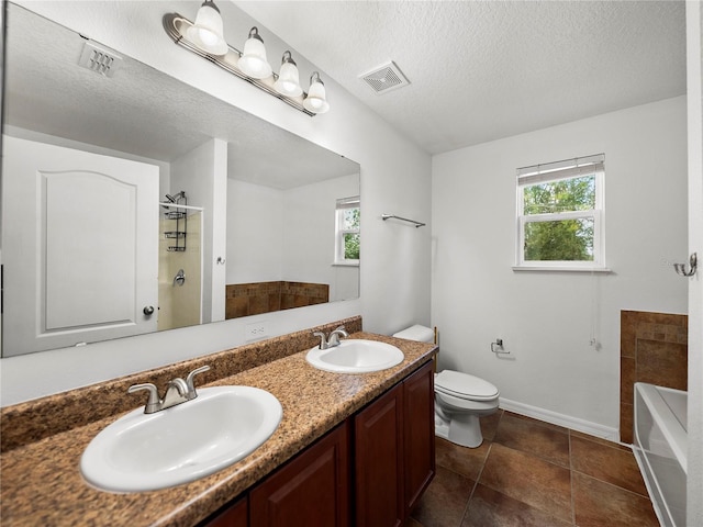 bathroom with plenty of natural light, vanity, a bathtub, and a textured ceiling