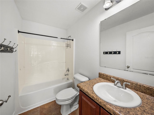 full bathroom with shower / bathing tub combination, vanity, tile patterned flooring, and toilet