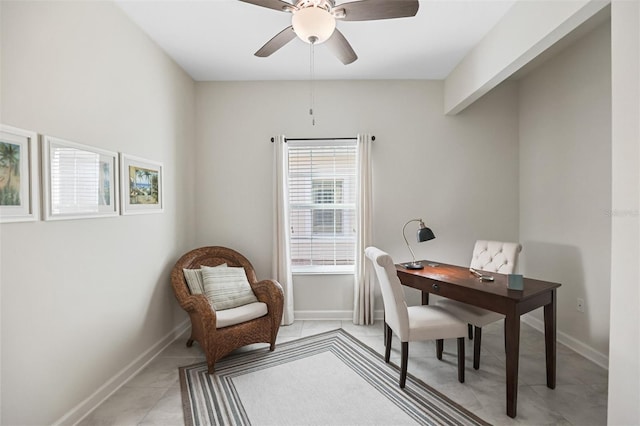 tiled home office with ceiling fan