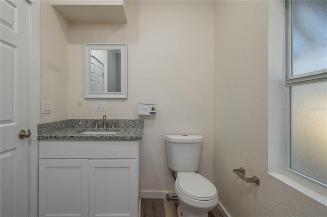 bathroom with vanity, wood-type flooring, and toilet