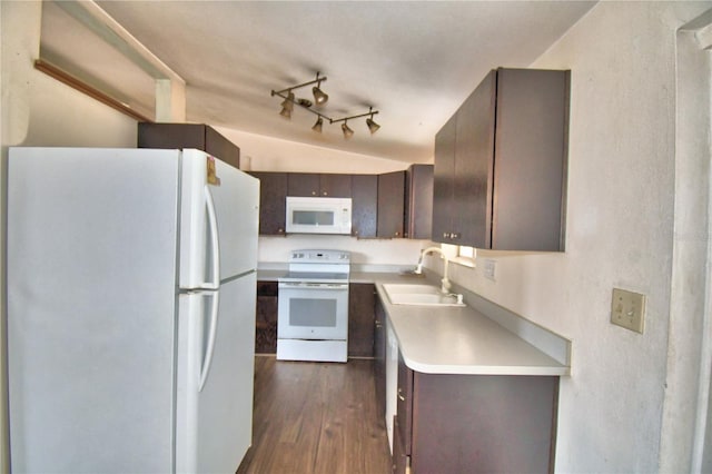 kitchen with dark wood-type flooring, sink, white appliances, and dark brown cabinets