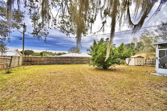 view of yard with a storage shed