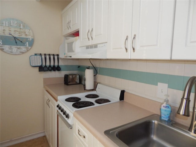 kitchen with white cabinetry, white range with electric cooktop, sink, and backsplash