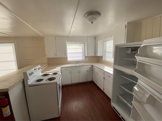 kitchen featuring sink, dark wood-type flooring, white electric stove, and white cabinets