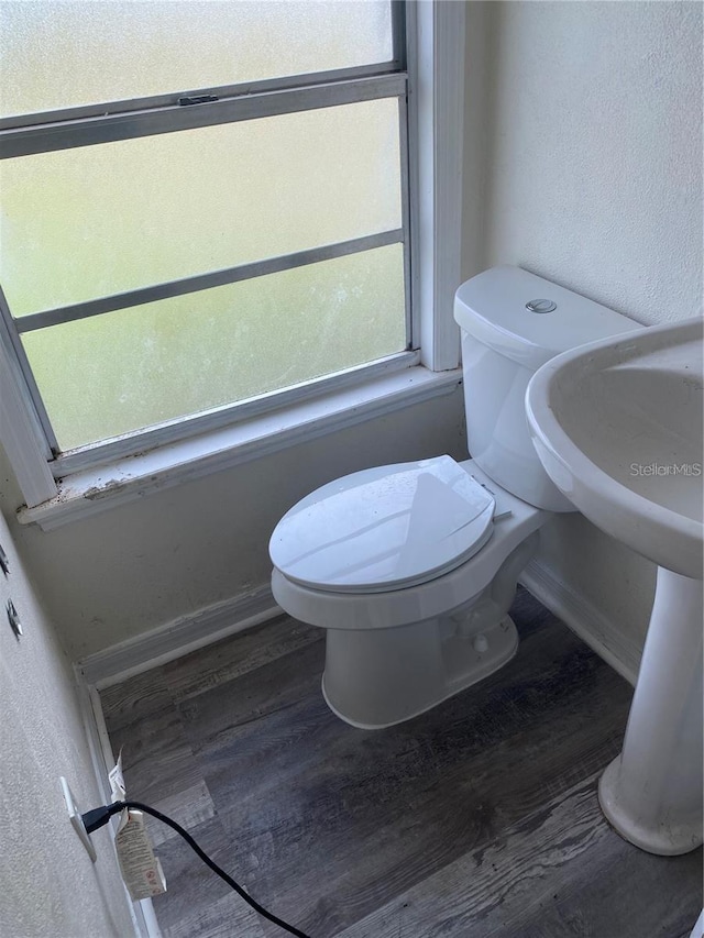 bathroom with hardwood / wood-style flooring and toilet