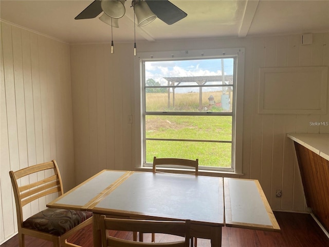 dining area featuring dark wood-type flooring and ceiling fan