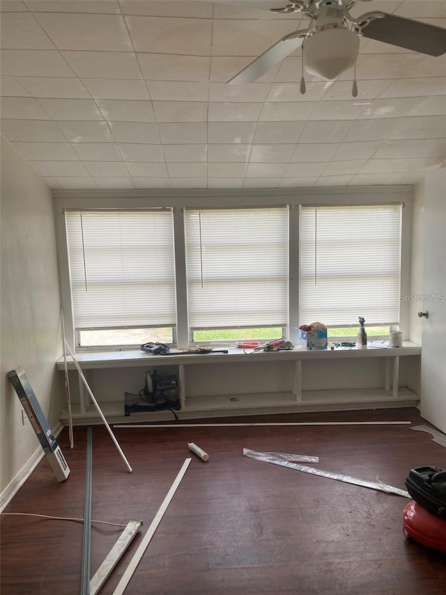 misc room featuring ceiling fan and dark hardwood / wood-style flooring