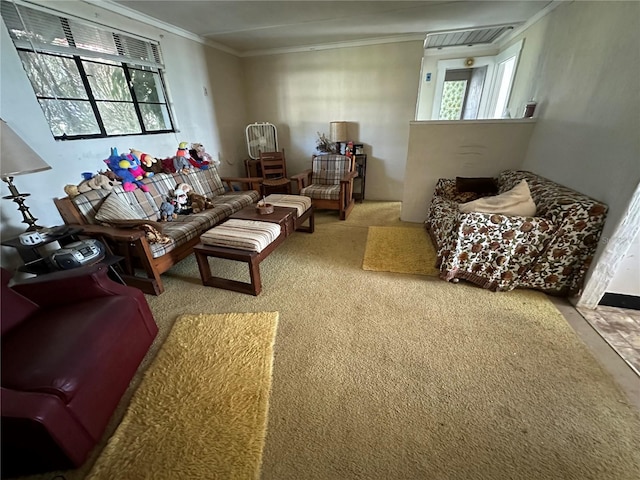 carpeted living room featuring crown molding