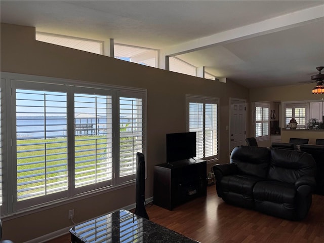 living room featuring lofted ceiling with beams and wood finished floors