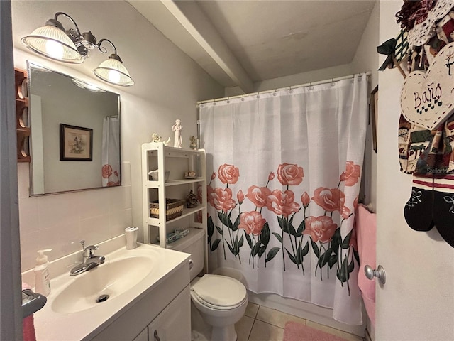 bathroom featuring decorative backsplash, a shower with shower curtain, toilet, tile patterned flooring, and vanity