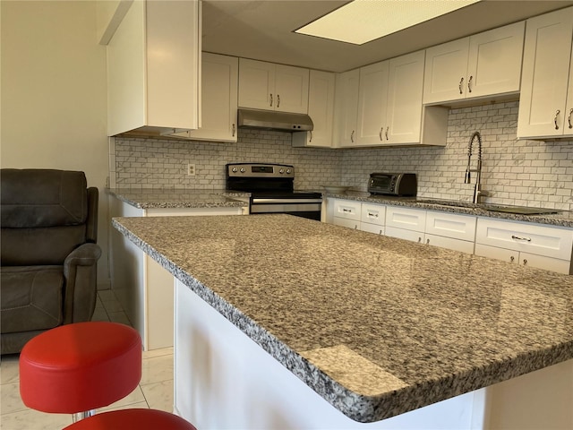 kitchen with a sink, stainless steel electric stove, under cabinet range hood, white cabinetry, and backsplash