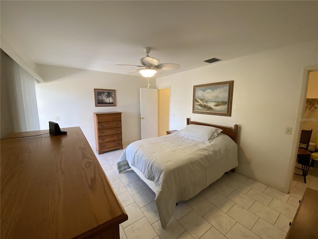 bedroom with ceiling fan and visible vents